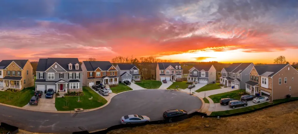 A neighborhood at sunset